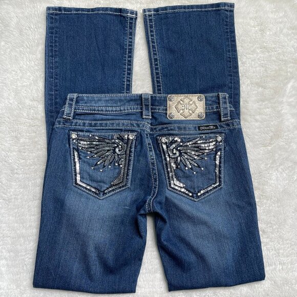 Miss Me Women's Blue Signature Bootcut Sequin Wings Jeans Size 27x31" - Picture 3 of 9